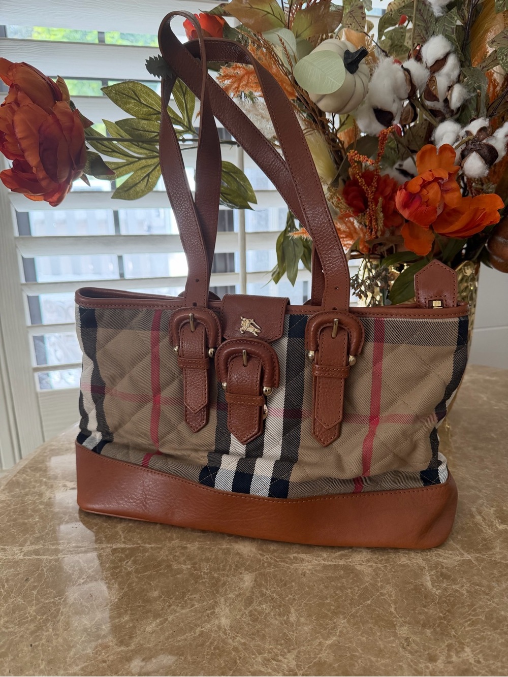 Burberry Beige Check Canvas Shoulder Bag with Brown Leather Trim